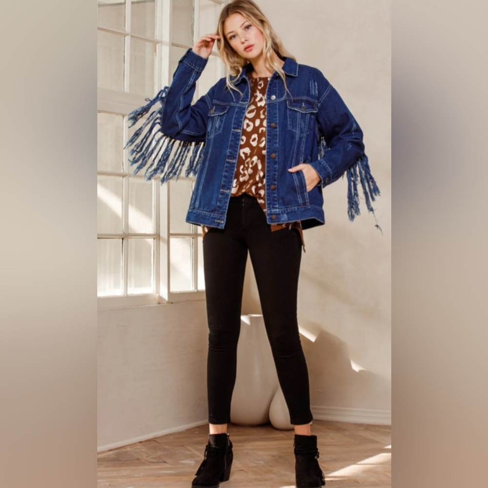 Women’s Boho Western Fringe Denim Jacket - Oversized